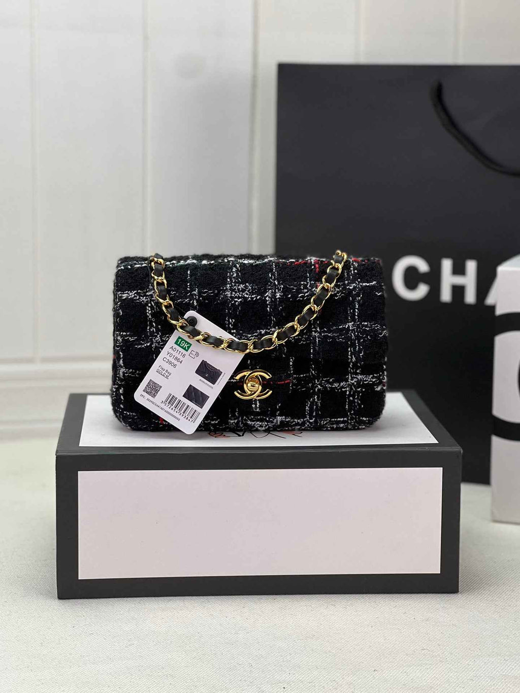 Chanel A69900 Mini Flap Bag Tweed Gold-Tone Metal Black