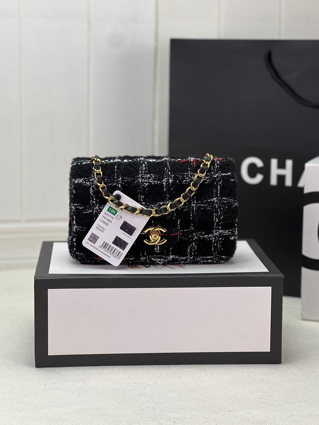 Chanel A69900 Mini Flap Bag Tweed Gold-Tone Metal Black