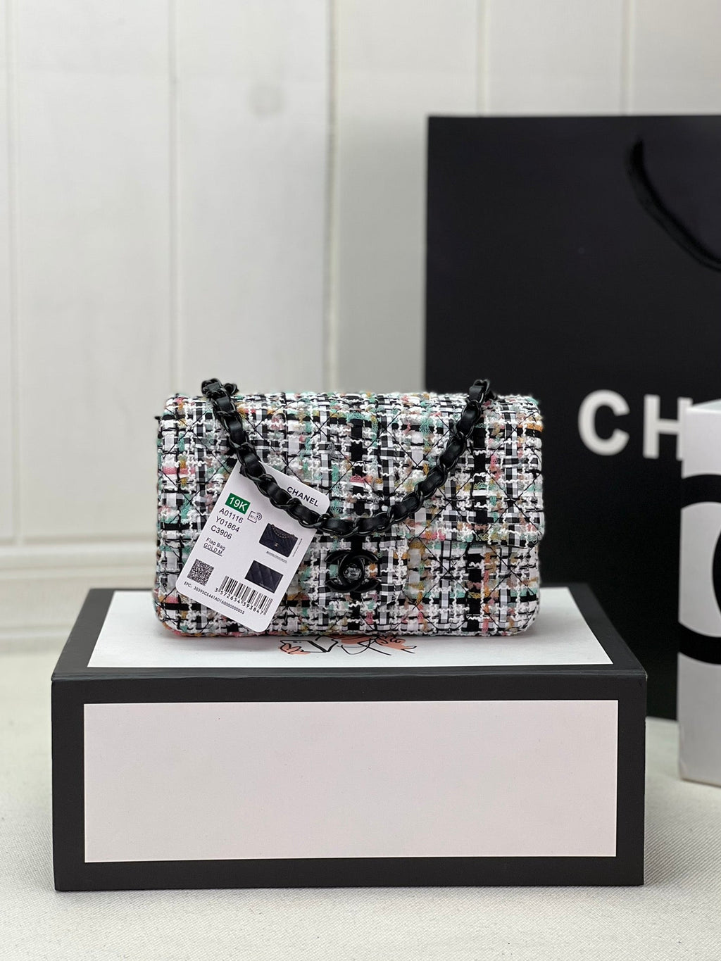 Chanel A69900 Mini Flap Bag Tweed Gold-Tone Metal Beige Black