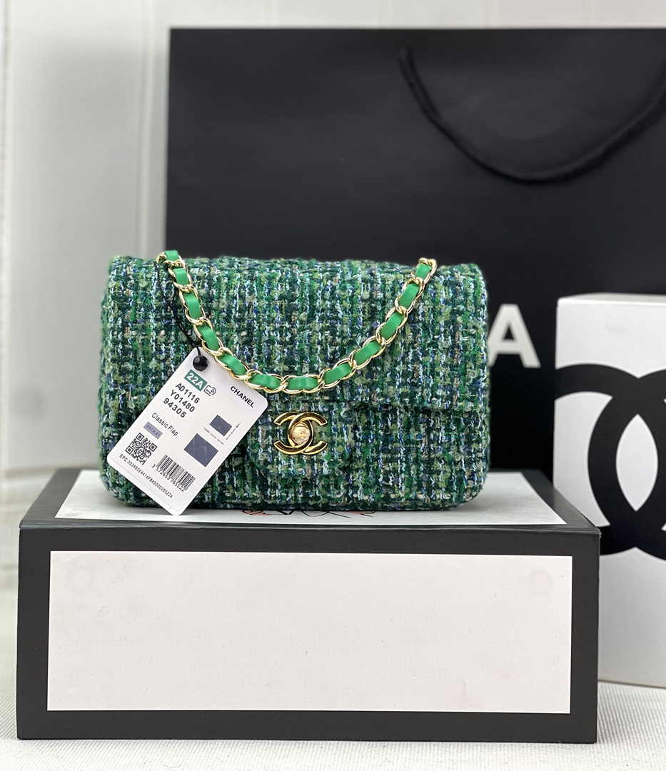 Chanel A69900 Mini Flap Bag Green Tweed Gold-Tone Metal