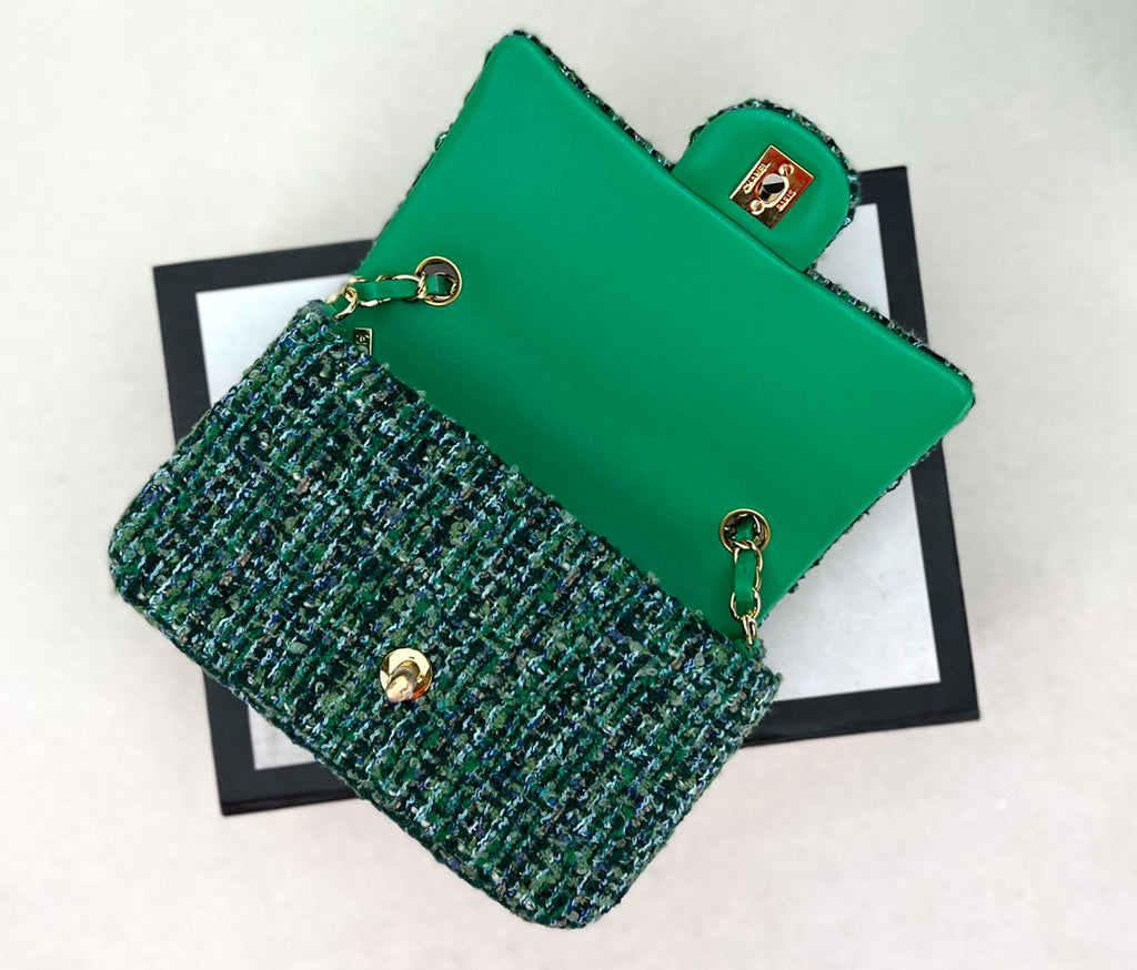Chanel A69900 Mini Flap Bag Green Tweed Gold-Tone Metal
