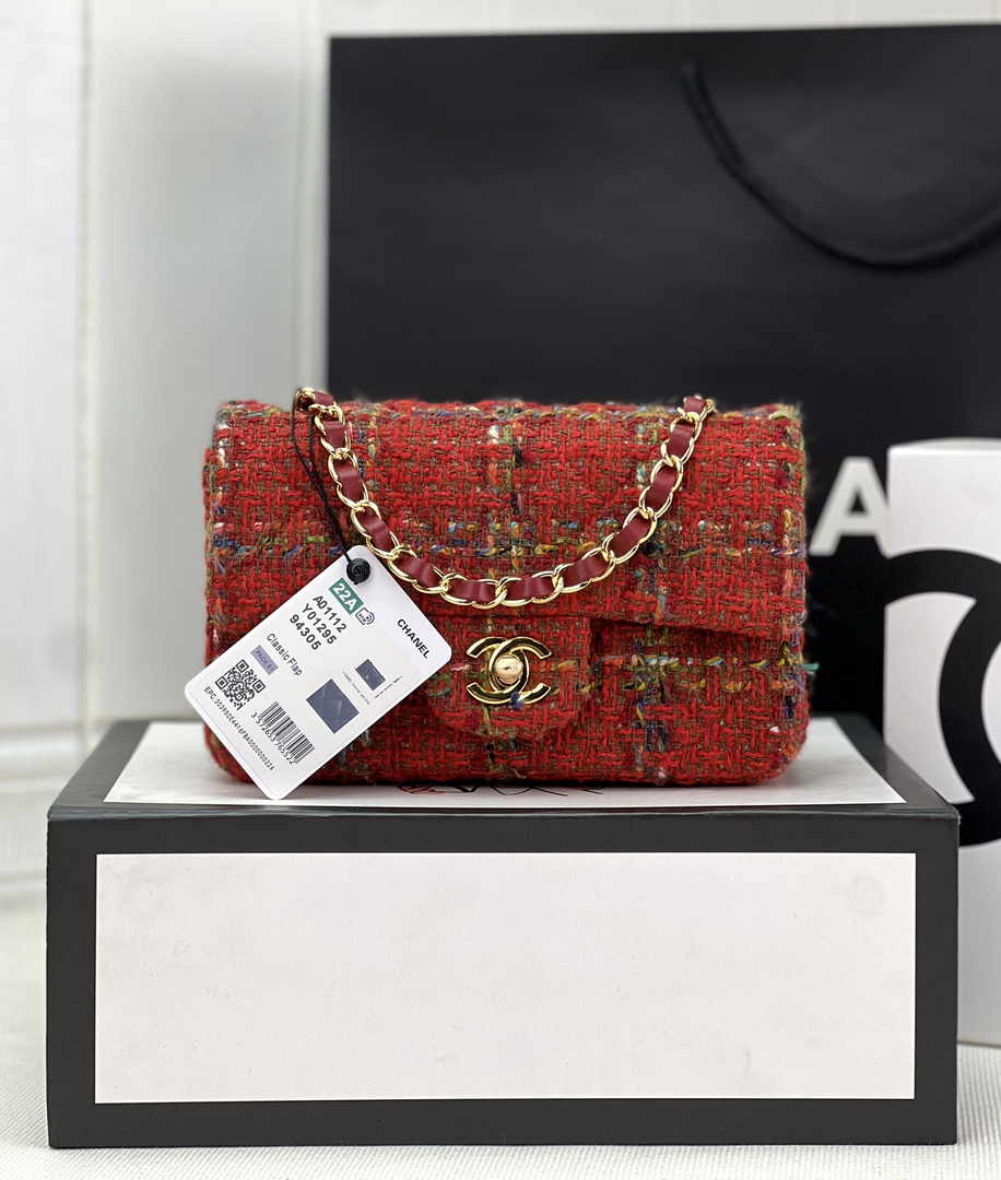 Chanel A69900 Mini Flap Bag Red Tweed Gold-Tone Metal