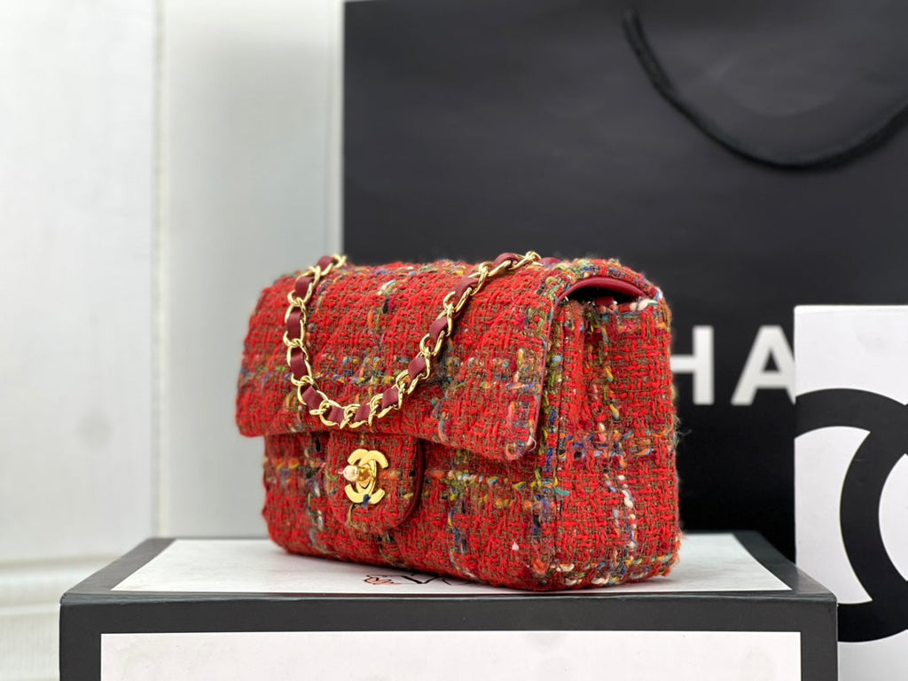 Chanel A69900 Mini Flap Bag Red Tweed Gold-Tone Metal