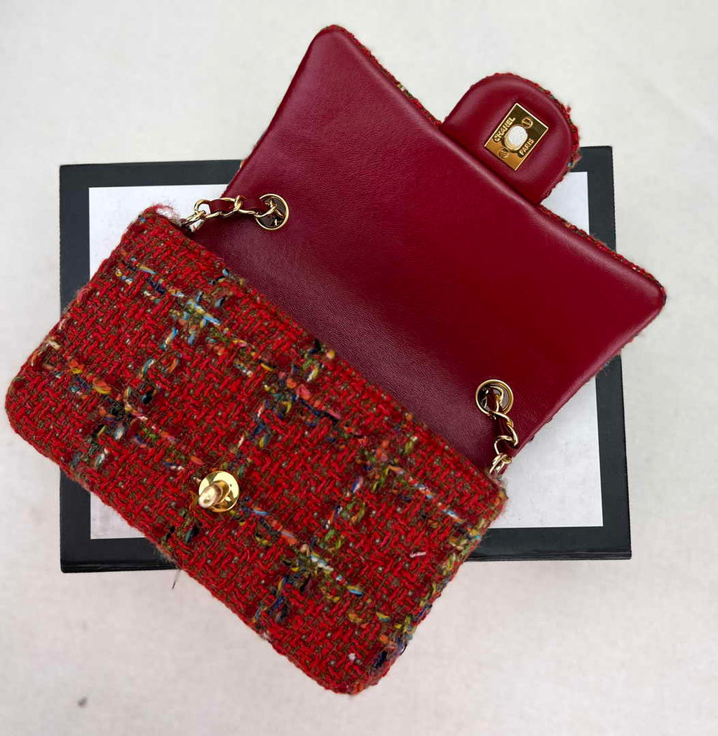Chanel A69900 Mini Flap Bag Red Tweed Gold-Tone Metal