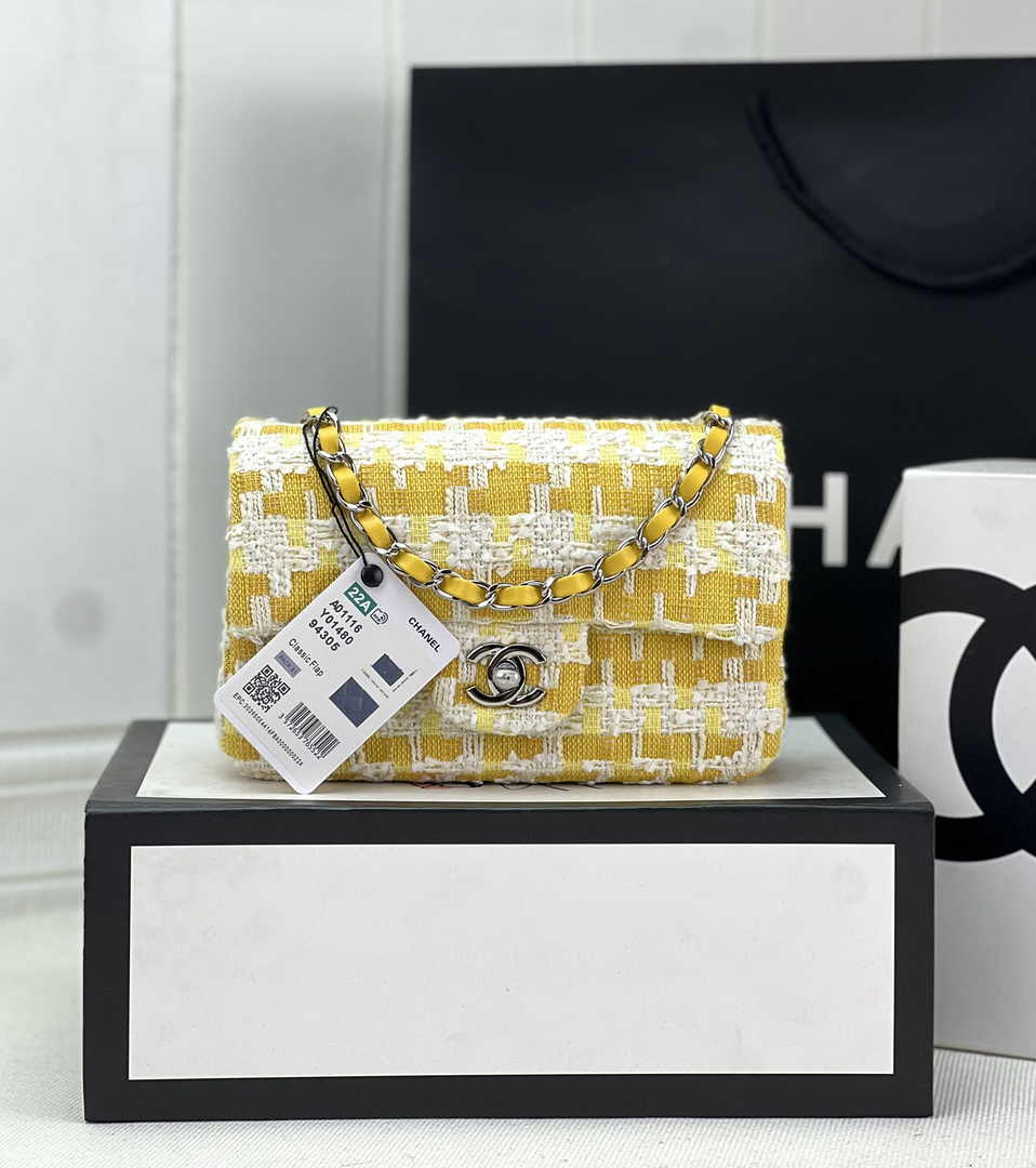 Chanel A69900 Mini Flap Bag Yellow Tweed Gold-Tone Metal