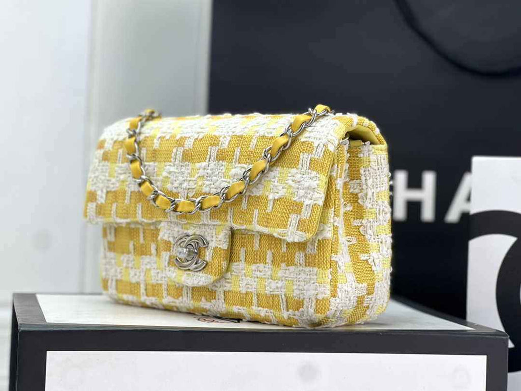 Chanel A69900 Mini Flap Bag Yellow Tweed Gold-Tone Metal