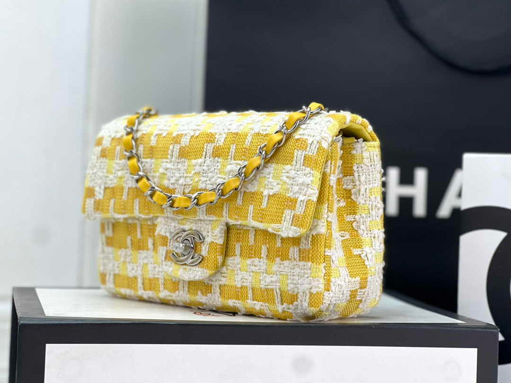 Chanel A69900 Mini Flap Bag Yellow Tweed Gold-Tone Metal