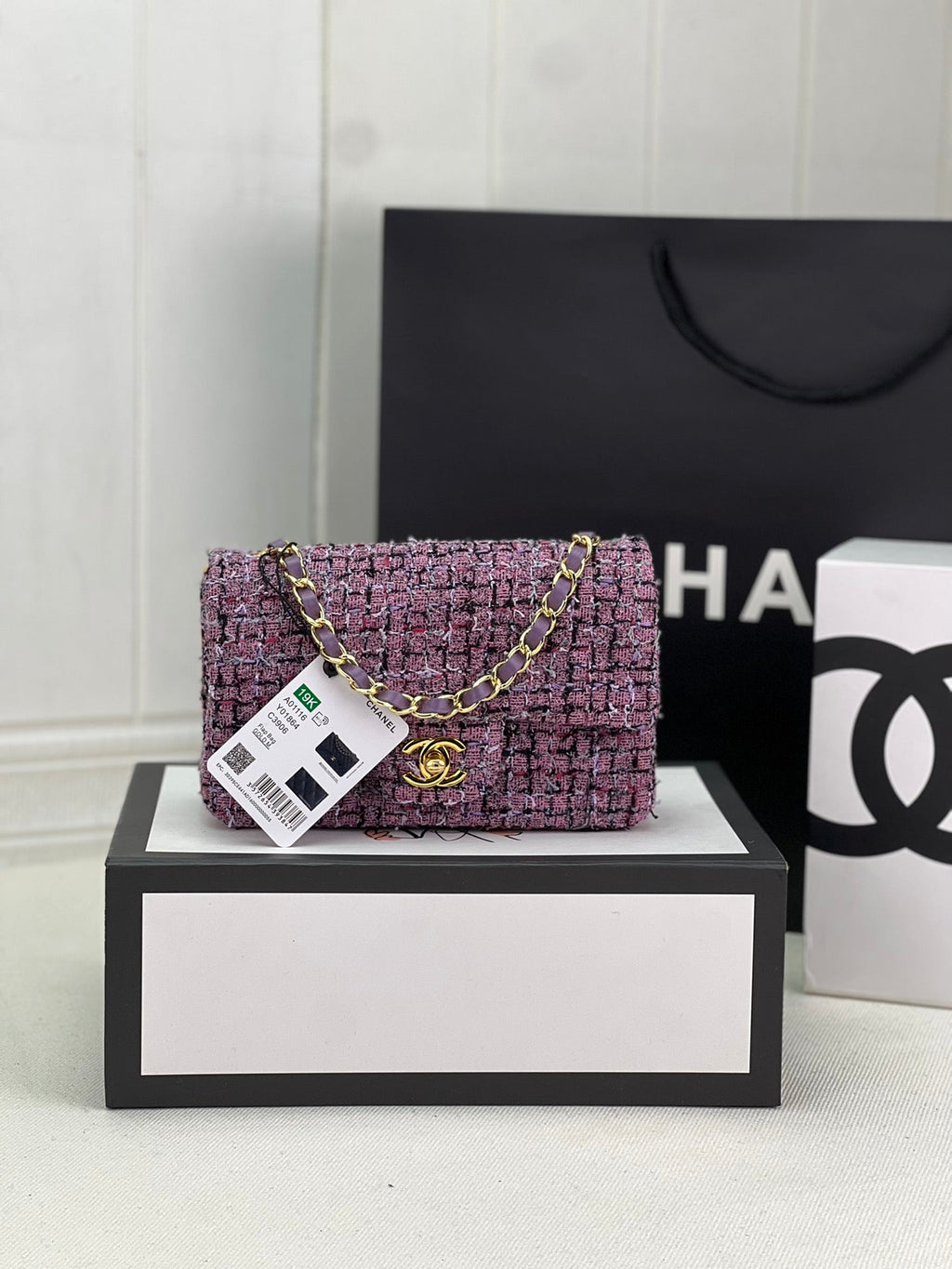 Chanel A69900 Mini Flap Bag Purple Tweed Gold-Tone Metal