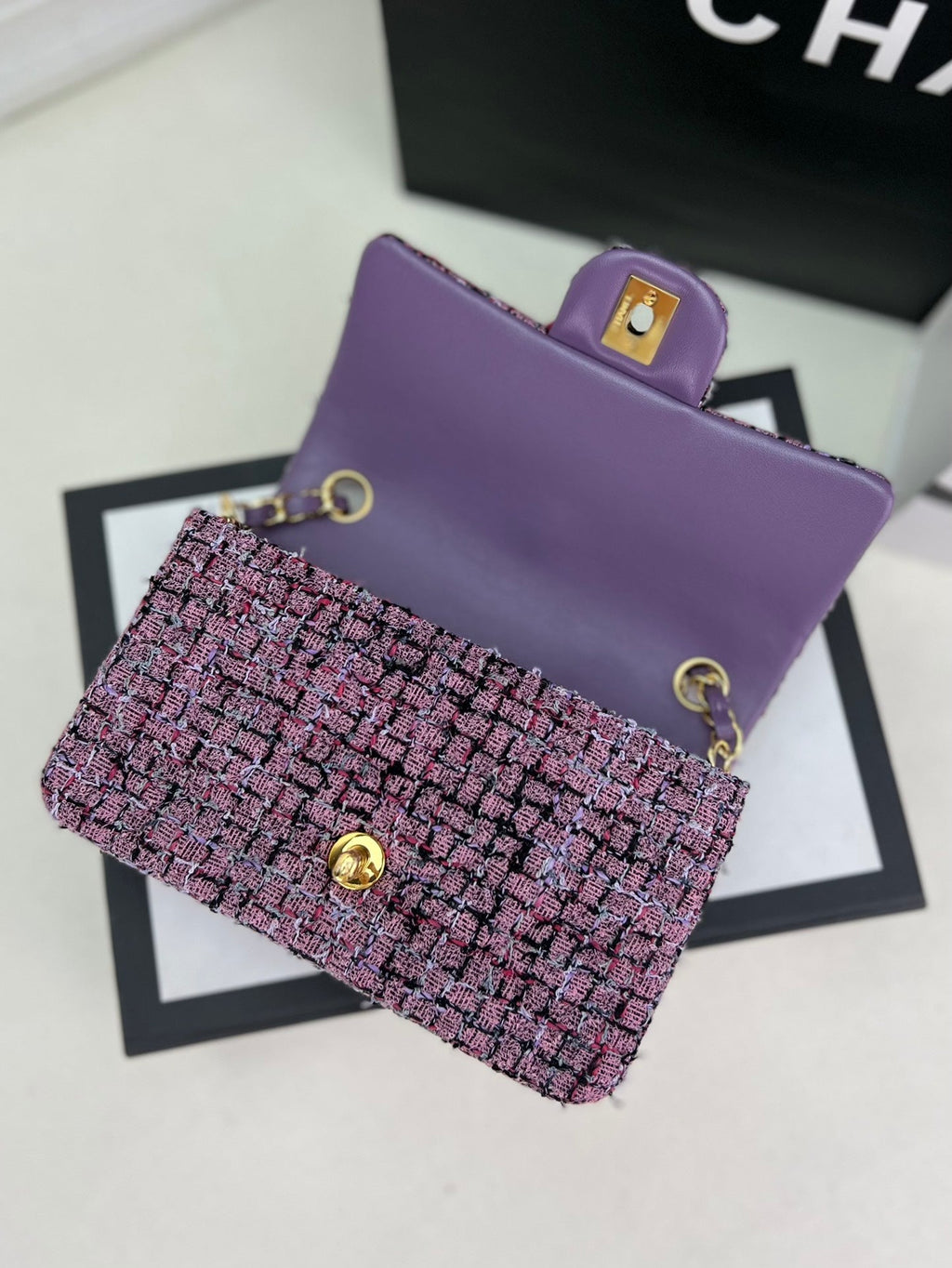 Chanel A69900 Mini Flap Bag Purple Tweed Gold-Tone Metal