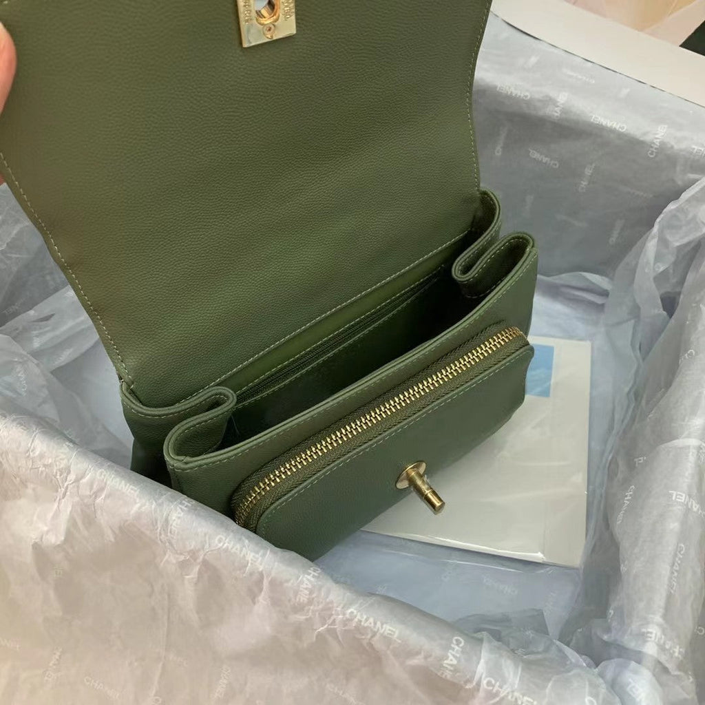Chanel A93749 Messenger Bag Calfskin Gold Hardware Green