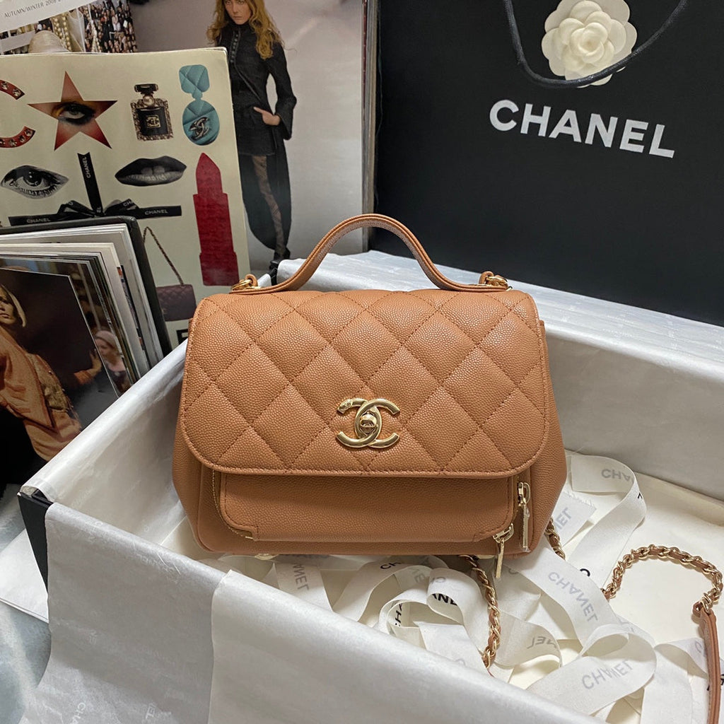 Chanel A93749 Messenger Bag Calfskin Gold Hardware Tan
