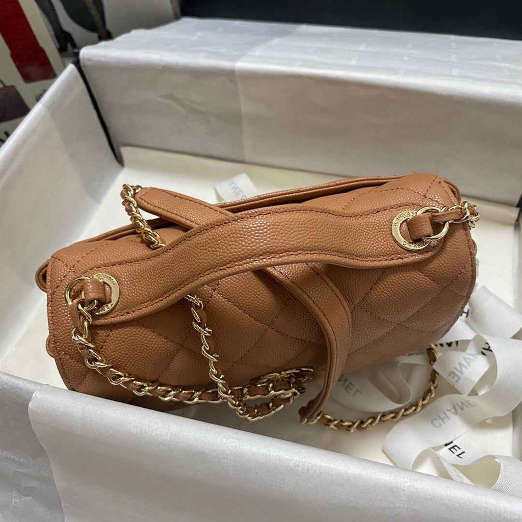 Chanel A93749 Messenger Bag Calfskin Gold Hardware Tan