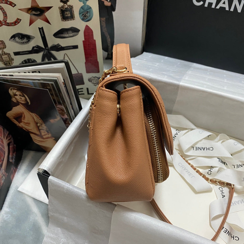 Chanel A93749 Messenger Bag Calfskin Gold Hardware Tan