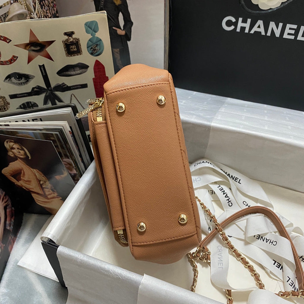 Chanel A93749 Messenger Bag Calfskin Gold Hardware Tan