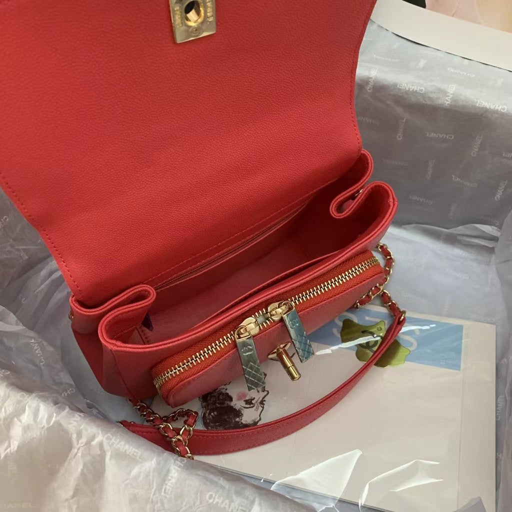 Chanel A93749 Messenger Bag Calfskin Gold Hardware Red