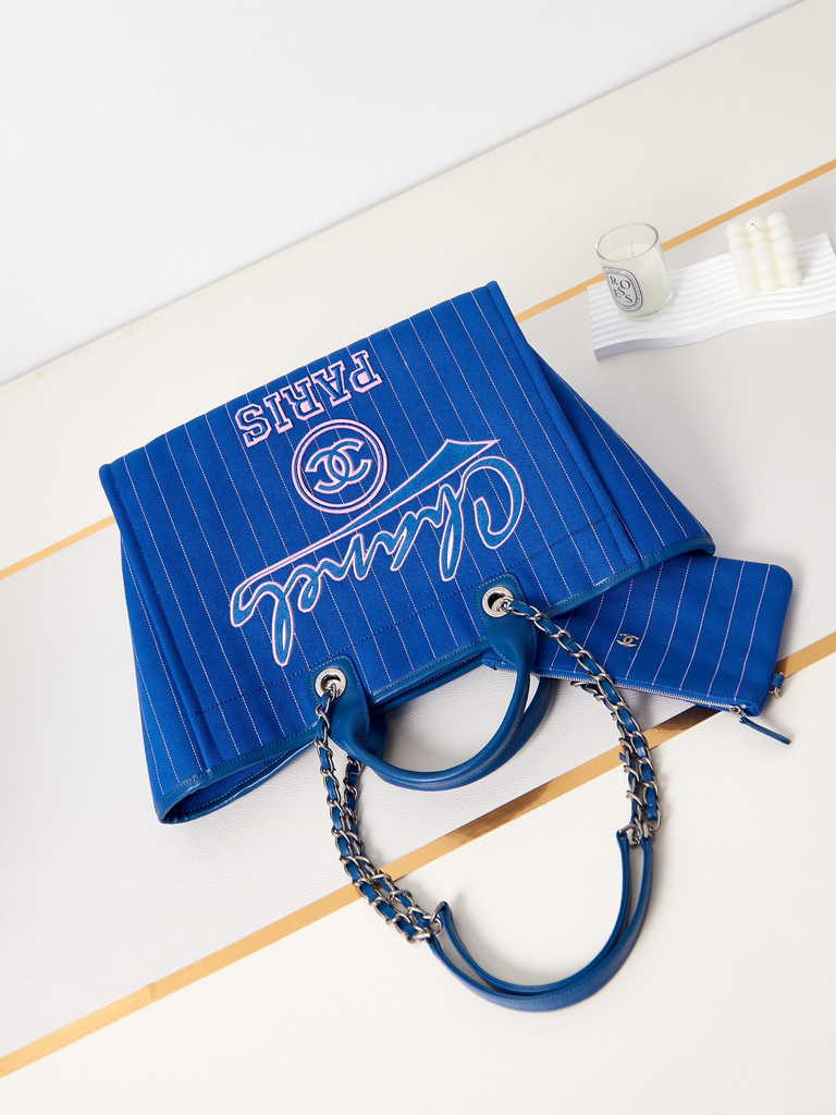 Chanel A93786 Maxi Shopping Bag Cotton Calfskin Blue