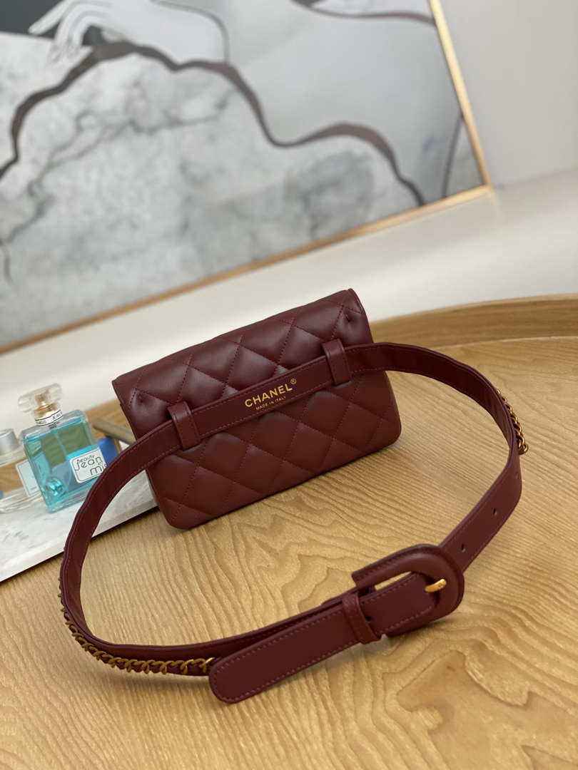 Chanel Waist bag A99009 Lambskin Wine Red Gold