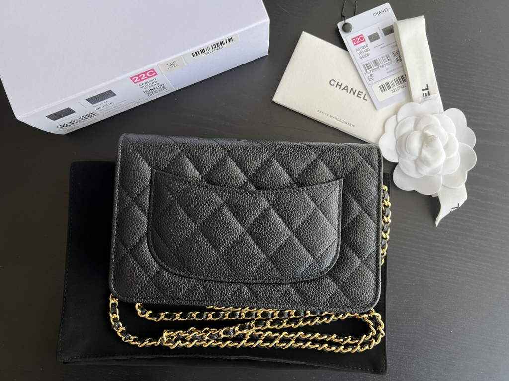Chanel AP0250 Classic Wallet on Chain A33814 Grained Calfskin Black Gold