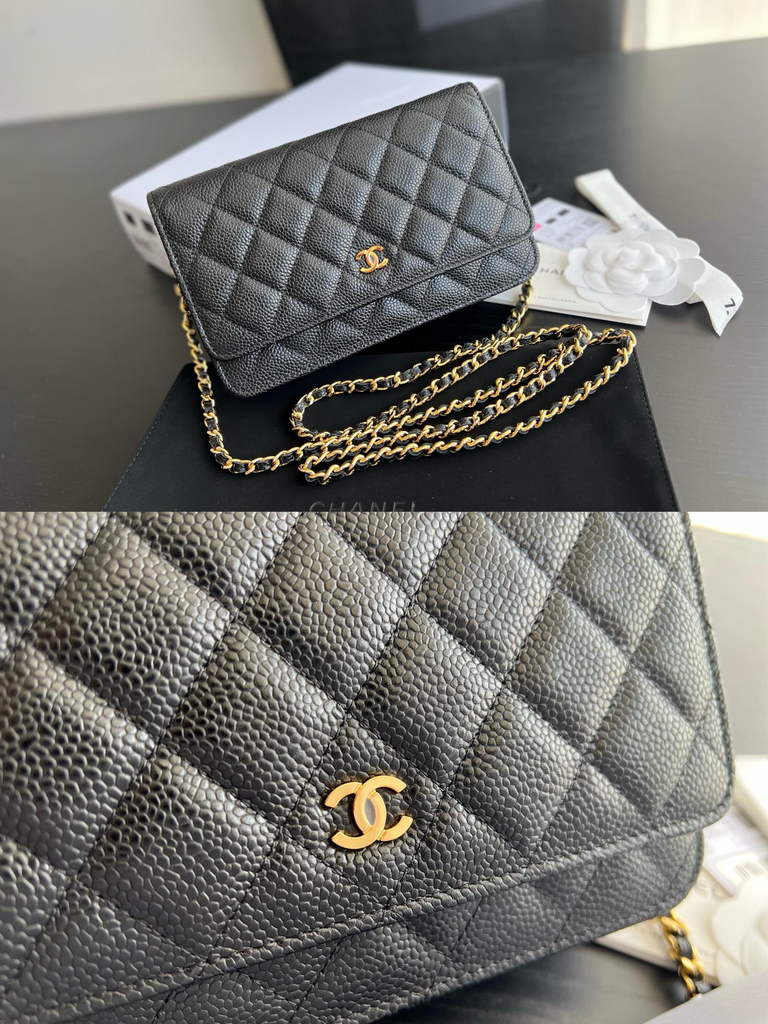 Chanel AP0250 Classic Wallet on Chain A33814 Grained Calfskin Black Gold