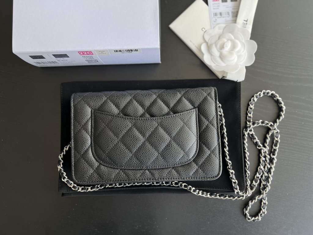 Chanel AP0250 Classic Wallet on Chain A33814 Grained Calfskin Black Silver