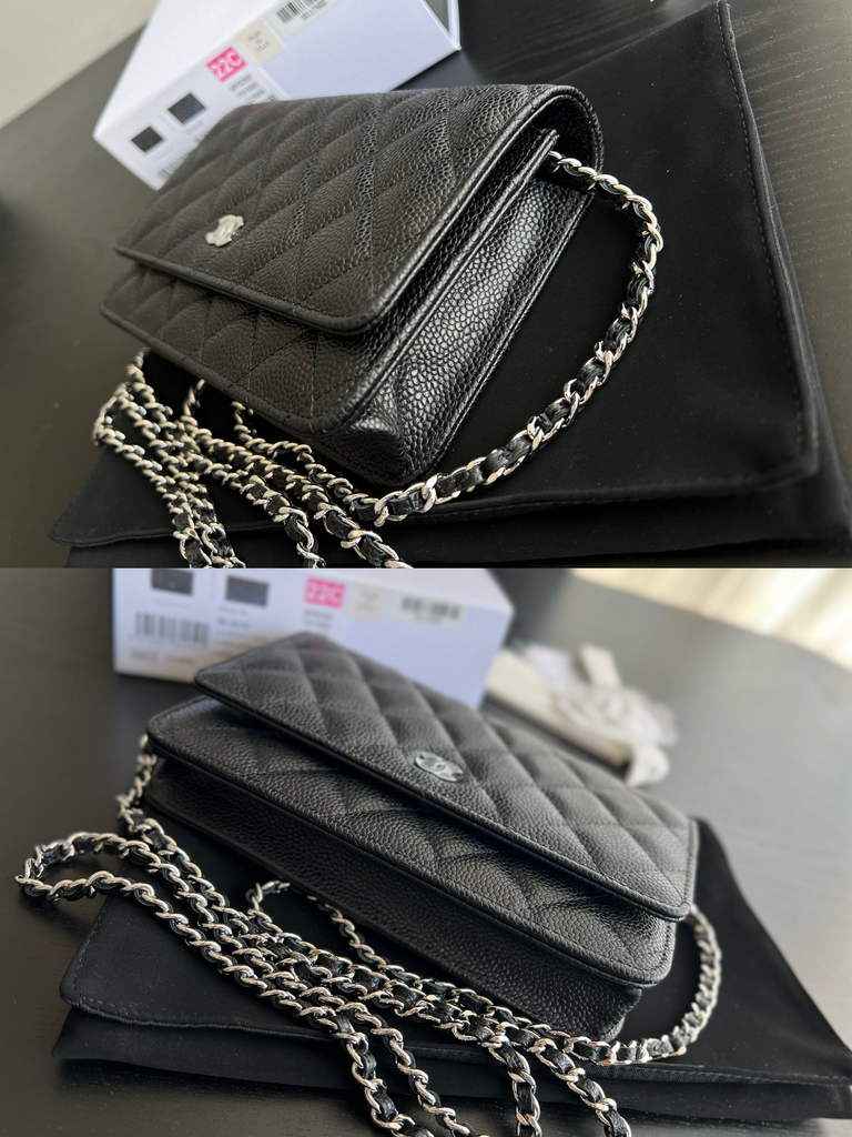 Chanel AP0250 Classic Wallet on Chain A33814 Grained Calfskin Black Silver