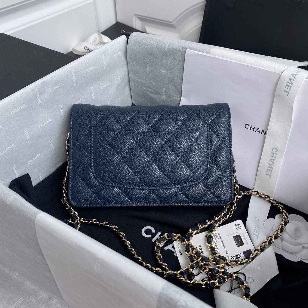 Chanel AP0250 Classic Wallet on Chain A33814 Grained Calfskin Navy Blue