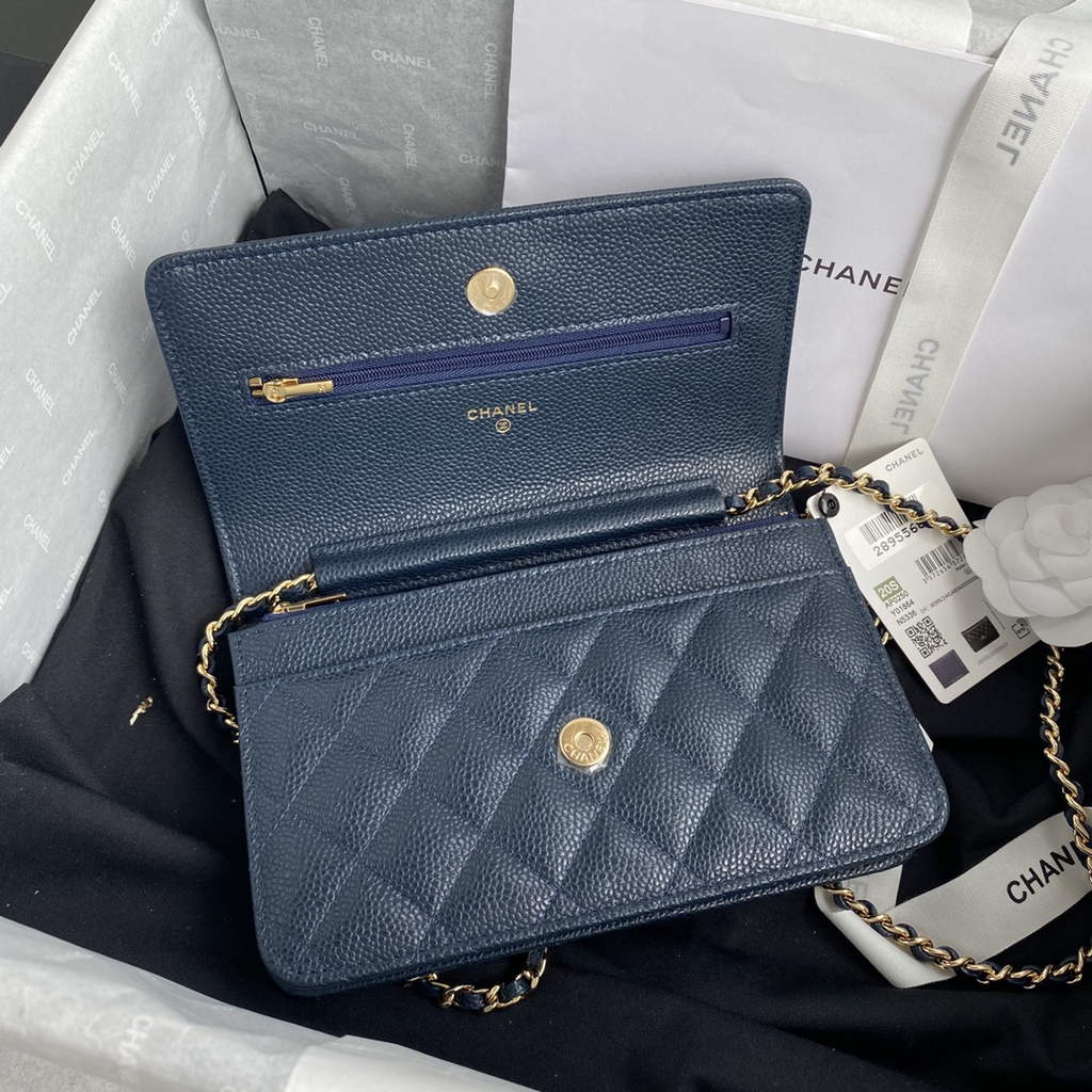 Chanel AP0250 Classic Wallet on Chain A33814 Grained Calfskin Navy Blue