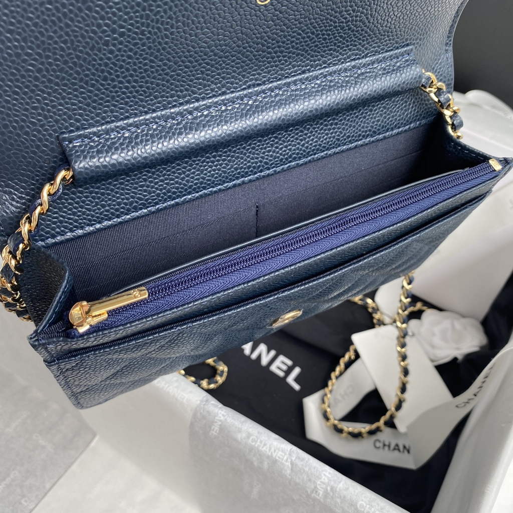 Chanel AP0250 Classic Wallet on Chain A33814 Grained Calfskin Navy Blue
