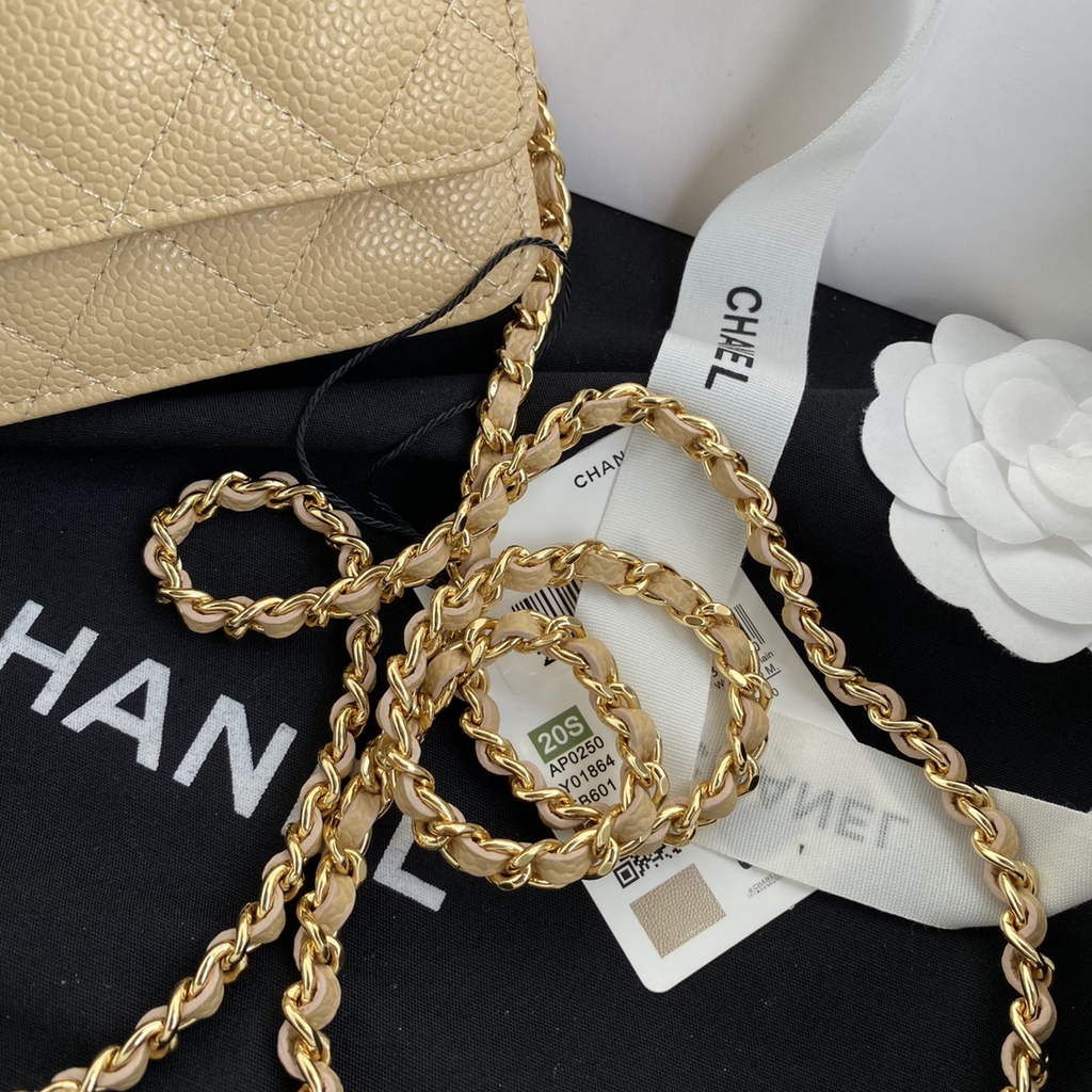 Chanel AP0250 Classic Wallet on Chain A33814 Grained Calfskin Dark Beige