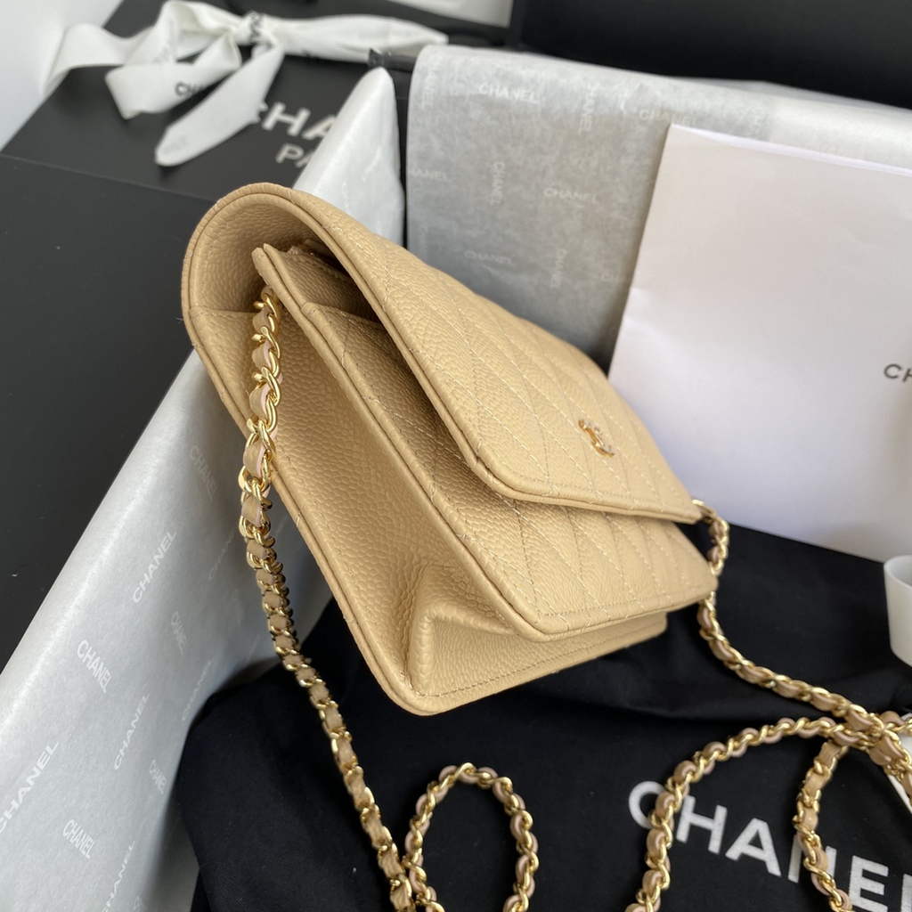 Chanel AP0250 Classic Wallet on Chain A33814 Grained Calfskin Dark Beige