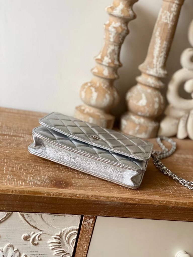 Chanel AP0250 Classic Wallet on Chain A33814 Lambskin Silver