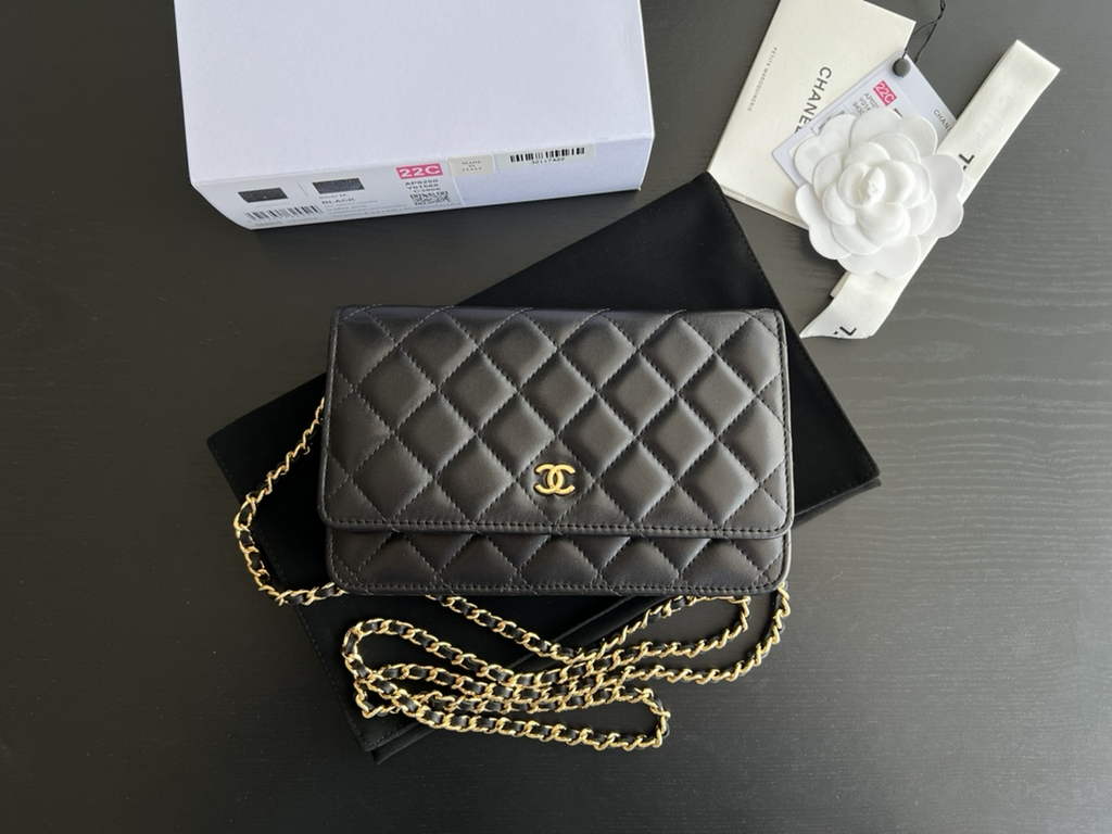 Chanel AP0250 Classic Wallet on Chain A33814 Lambskin Black Gold