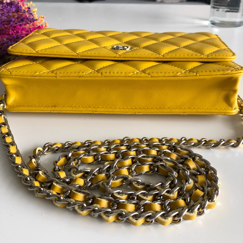 Chanel AP0250 Classic Wallet on Chain A33814 Lambskin Yellow Silver