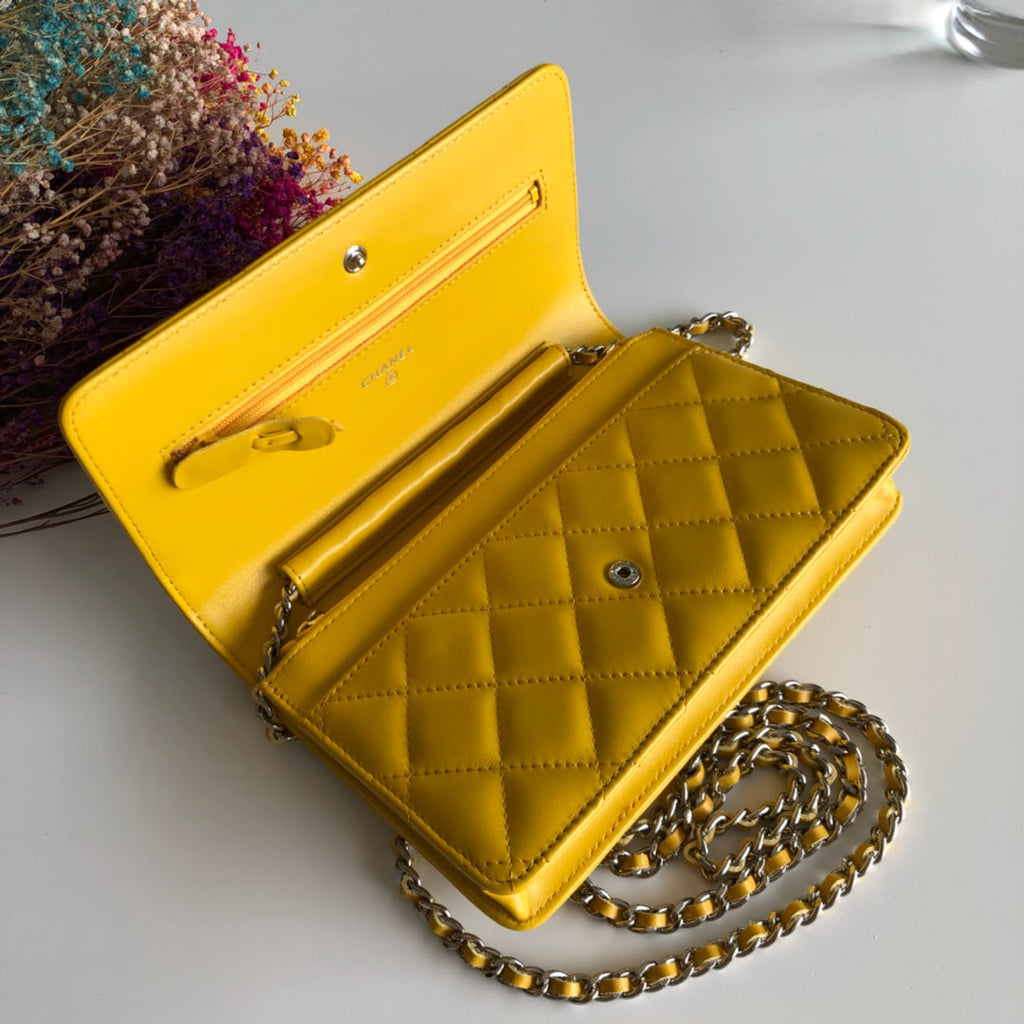 Chanel AP0250 Classic Wallet on Chain A33814 Lambskin Yellow Silver
