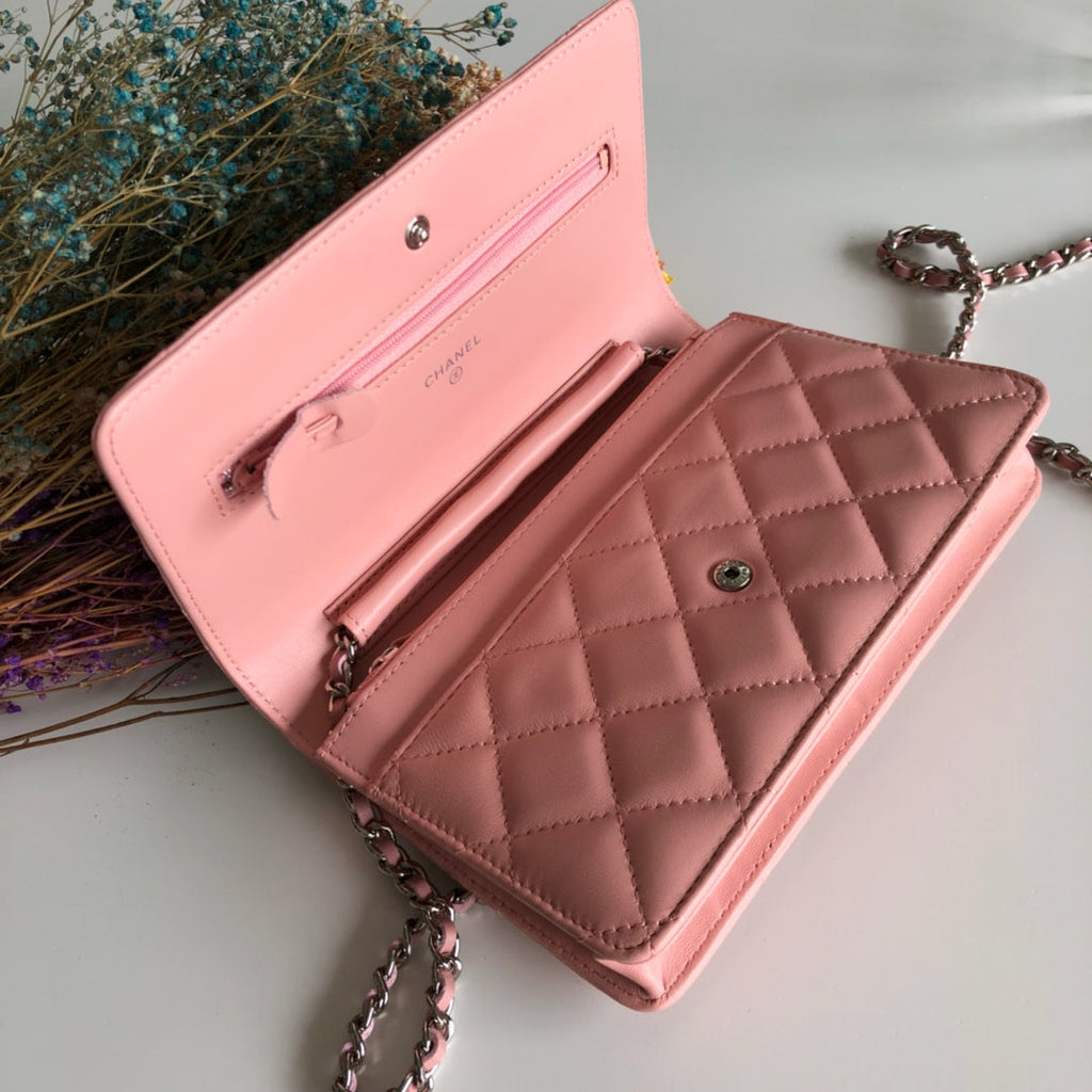 Chanel AP0250 Classic Wallet on Chain A33814 Lambskin Pink Silver