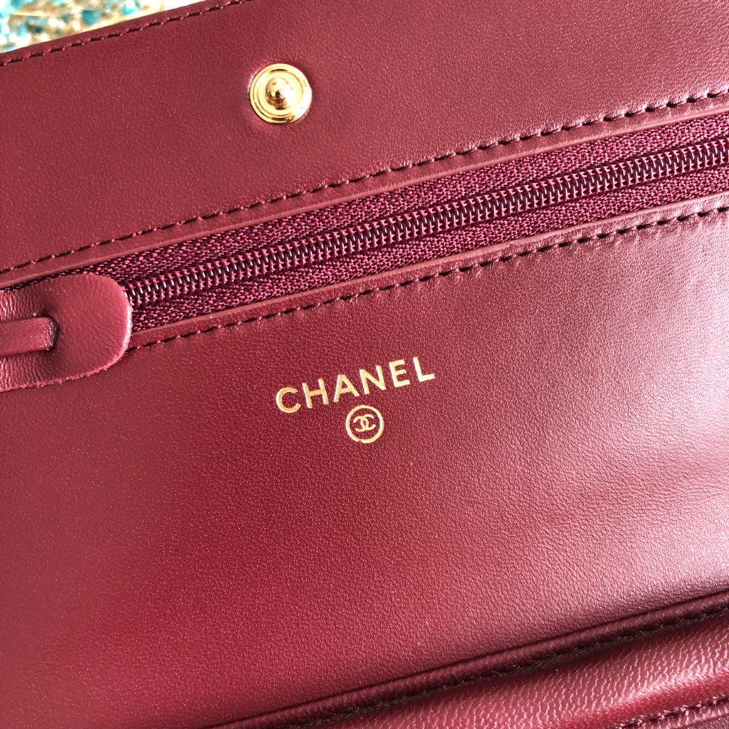 Chanel AP0250 Classic Wallet on Chain A33814 Lambskin Wine Red Gold