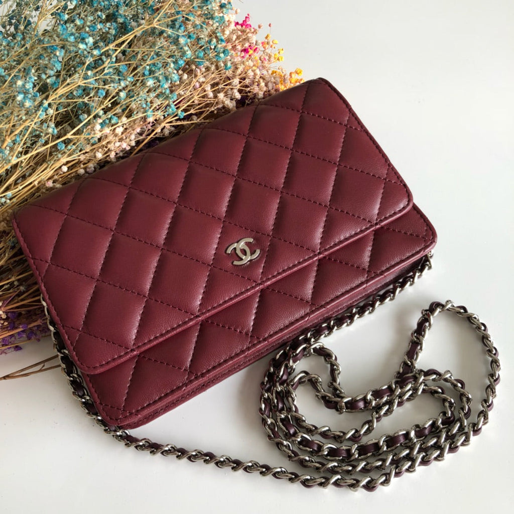 Chanel AP0250 Classic Wallet on Chain A33814 Lambskin Wine Red Silver