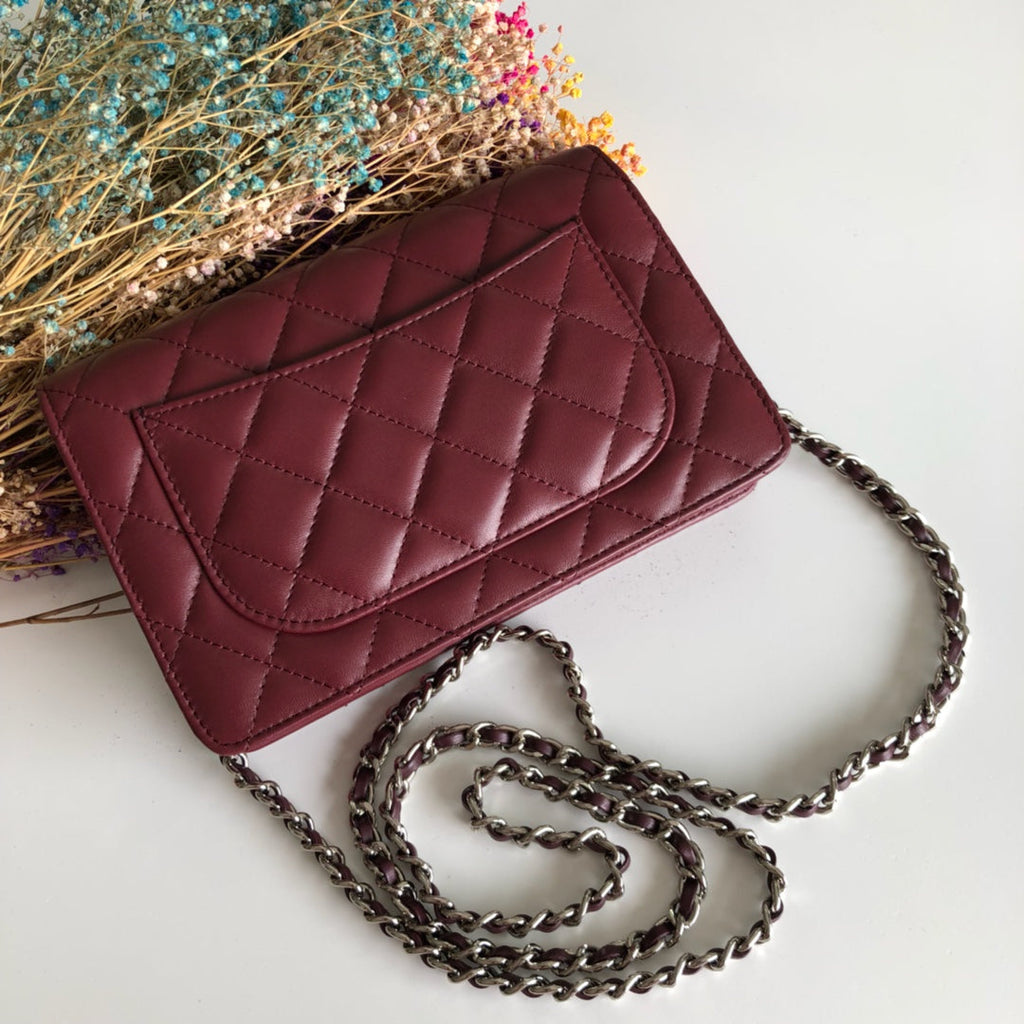 Chanel AP0250 Classic Wallet on Chain A33814 Lambskin Wine Red Silver
