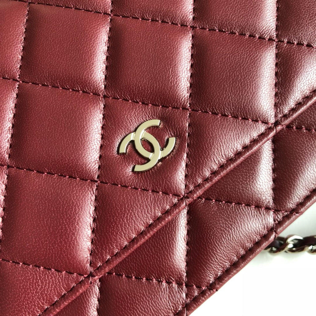 Chanel AP0250 Classic Wallet on Chain A33814 Lambskin Wine Red Silver
