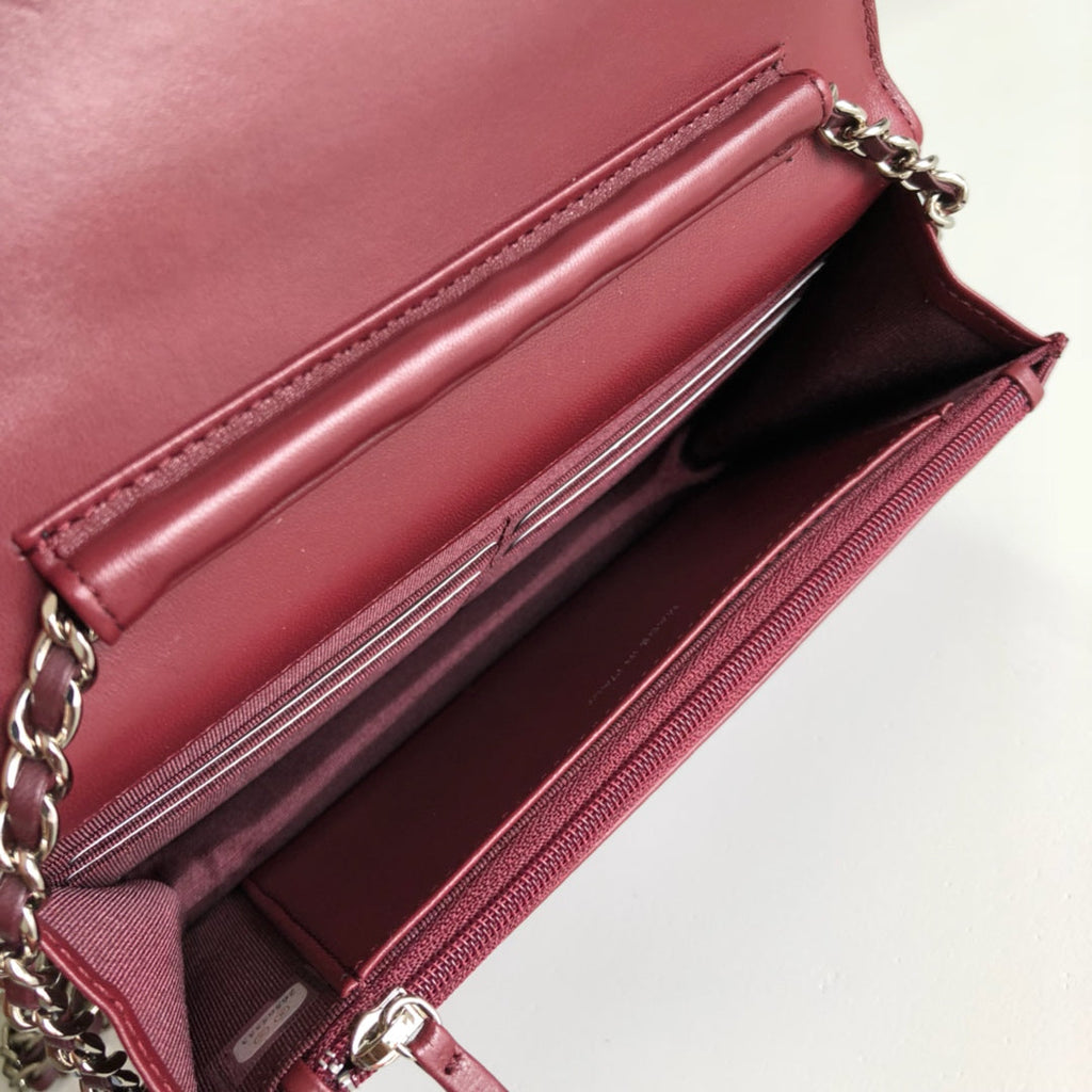 Chanel AP0250 Classic Wallet on Chain A33814 Lambskin Wine Red Silver