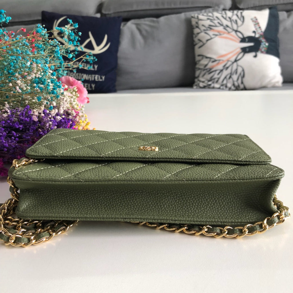 Chanel AP0250 Classic Wallet on Chain A33814 Calfskin Dark Green Gold