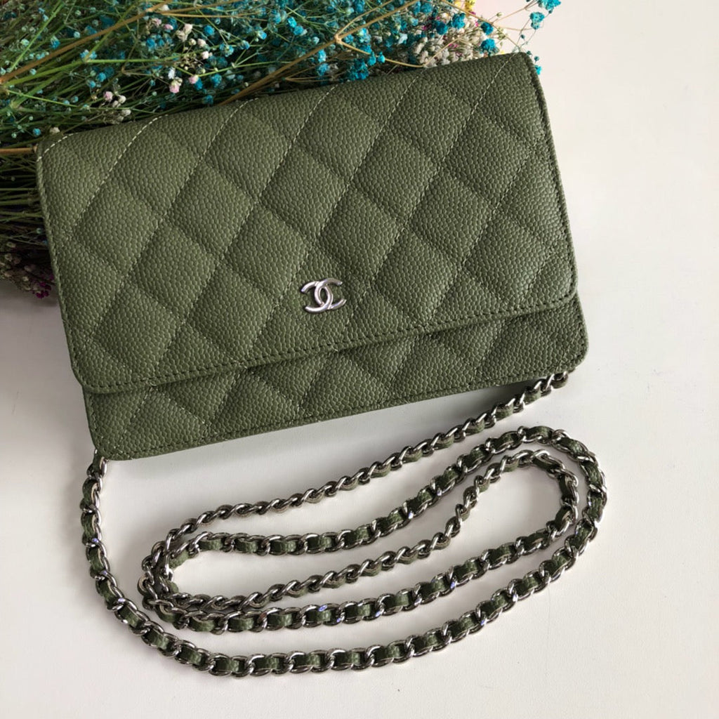 Chanel AP0250 Classic Wallet on Chain A33814 Calfskin Dark Green Silver