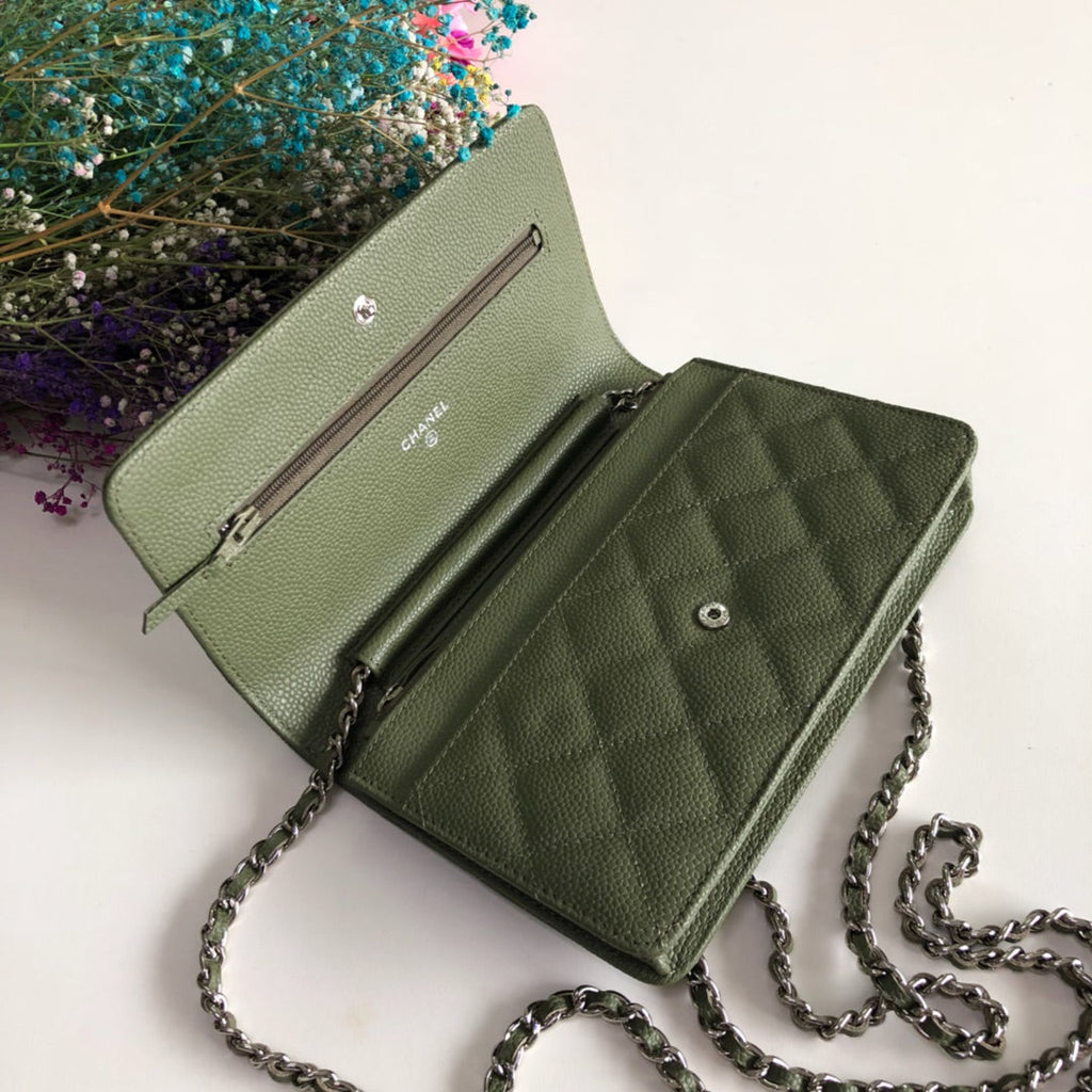 Chanel AP0250 Classic Wallet on Chain A33814 Calfskin Dark Green Silver