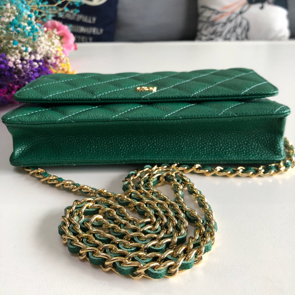 Chanel AP0250 Classic Wallet on Chain A33814 Calfskin Green Gold
