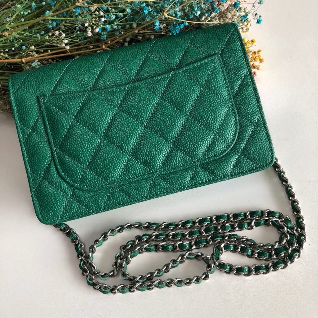 Chanel AP0250 Classic Wallet on Chain A33814 Calfskin Green Silver