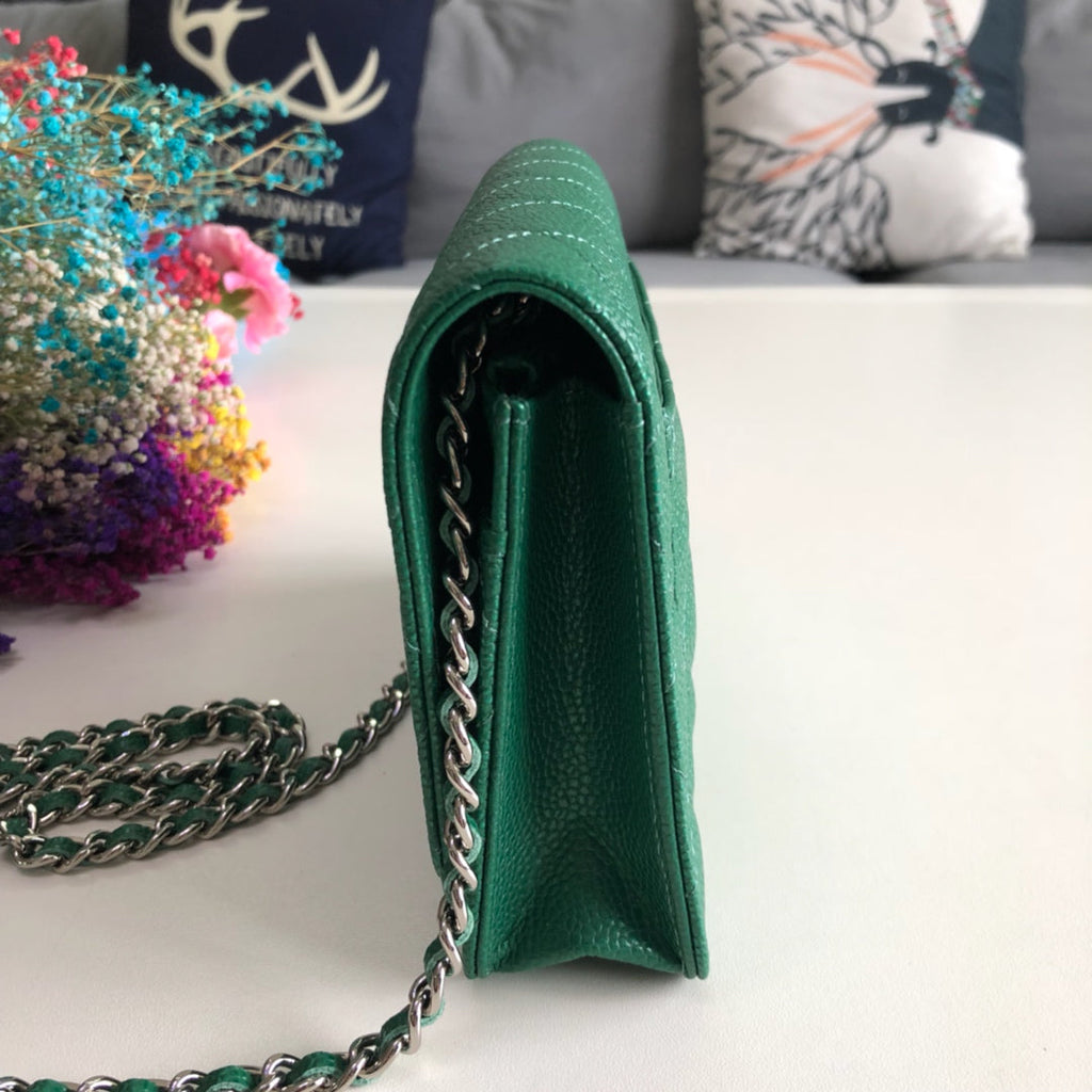 Chanel AP0250 Classic Wallet on Chain A33814 Calfskin Green Silver