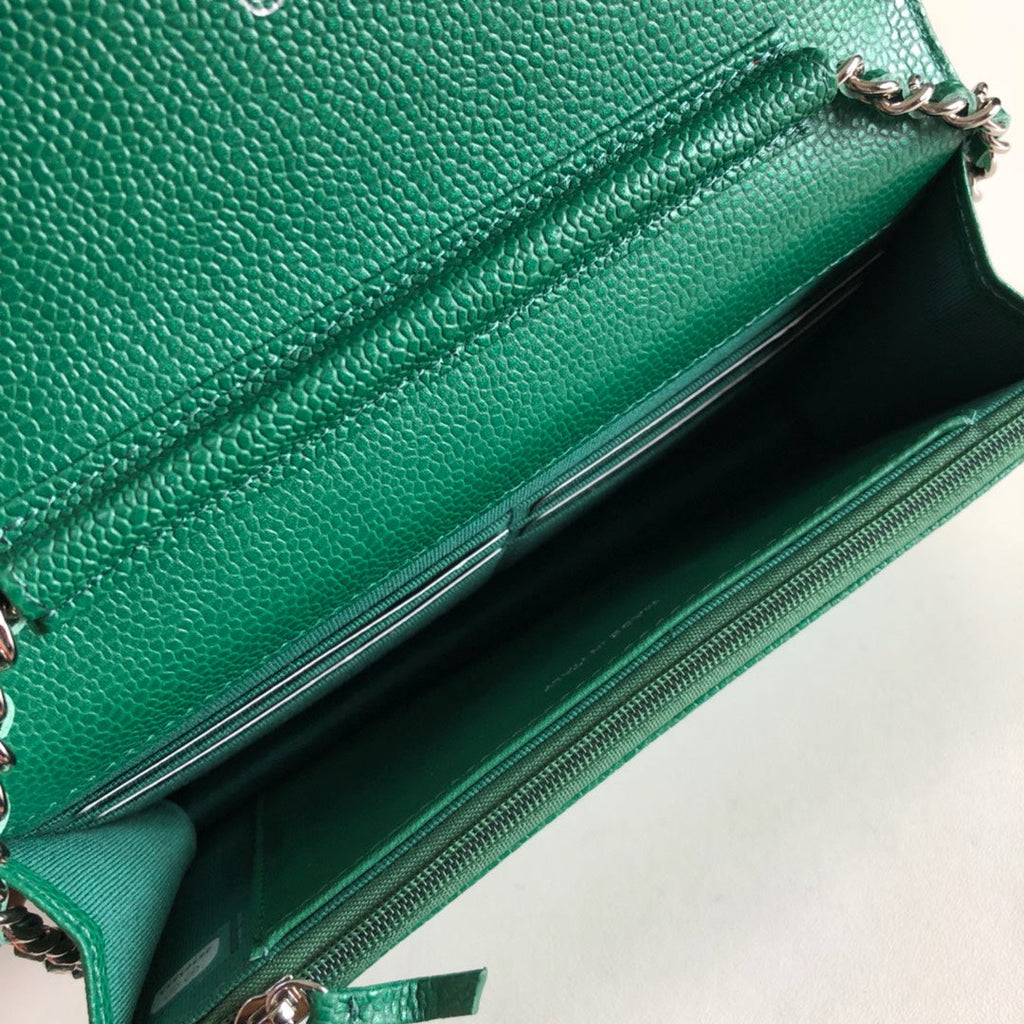 Chanel AP0250 Classic Wallet on Chain A33814 Calfskin Green Silver