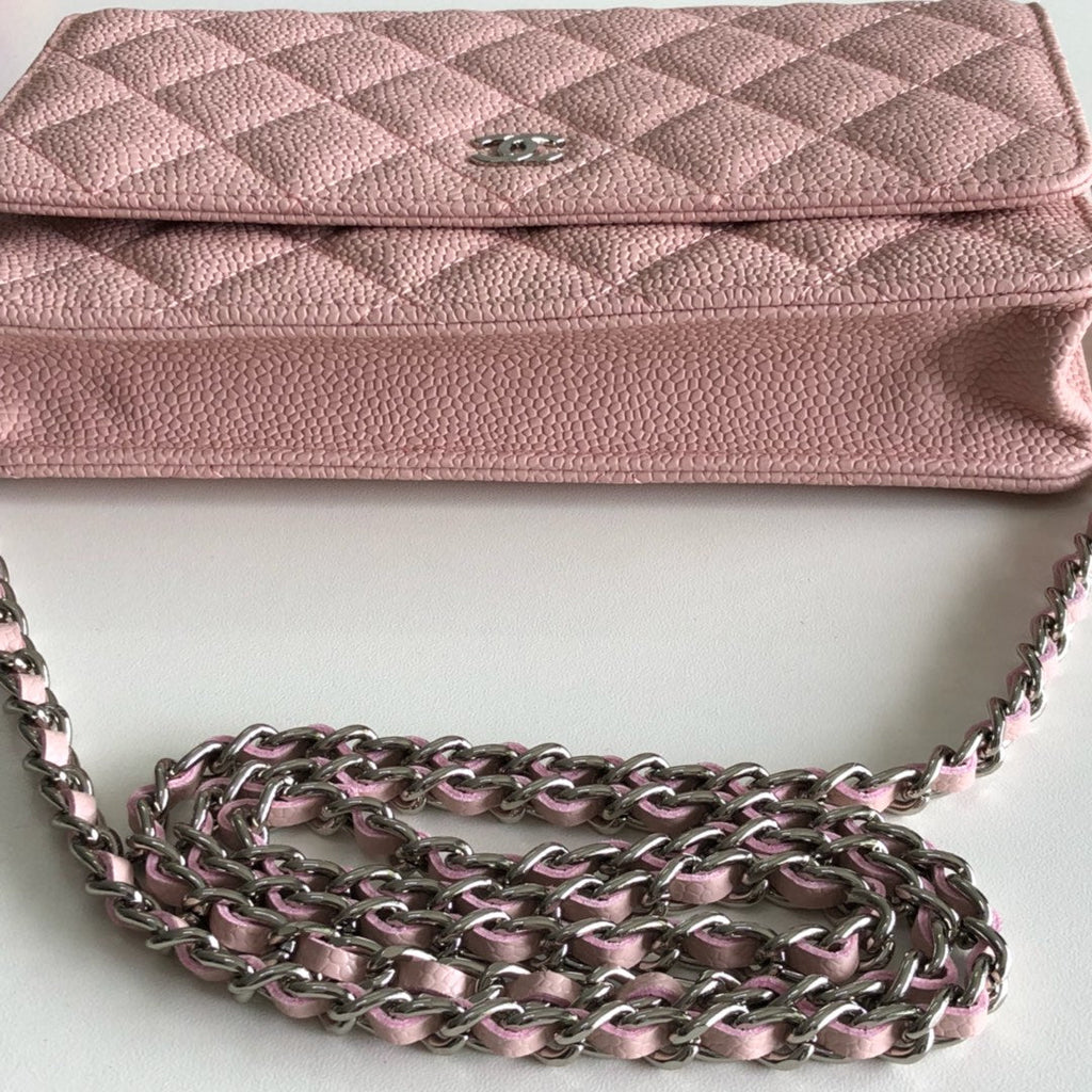 Chanel AP0250 Classic Wallet on Chain A33814 Calfskin Pink Silver