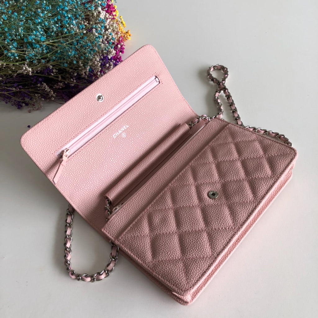 Chanel AP0250 Classic Wallet on Chain A33814 Calfskin Pink Silver