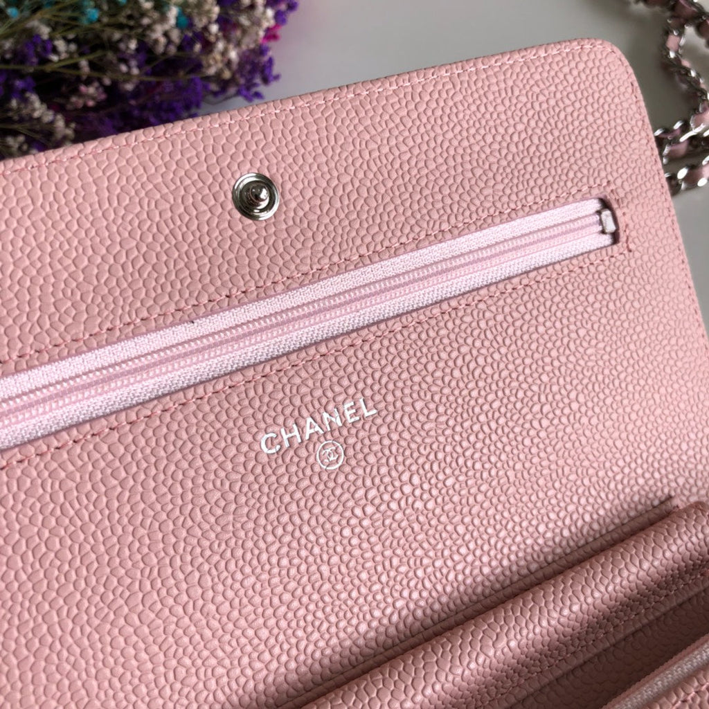 Chanel AP0250 Classic Wallet on Chain A33814 Calfskin Pink Silver